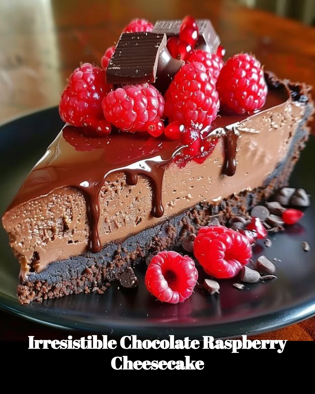 Delicious slice of Chocolate Raspberry Cheesecake with chocolate shavings and fresh raspberries
