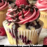 Delicious raspberry chocolate cupcakes decorated with fresh raspberries and chocolate frosting.