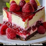 Slice of irresistible strawberry lemonade cheesecake garnished with fresh strawberries