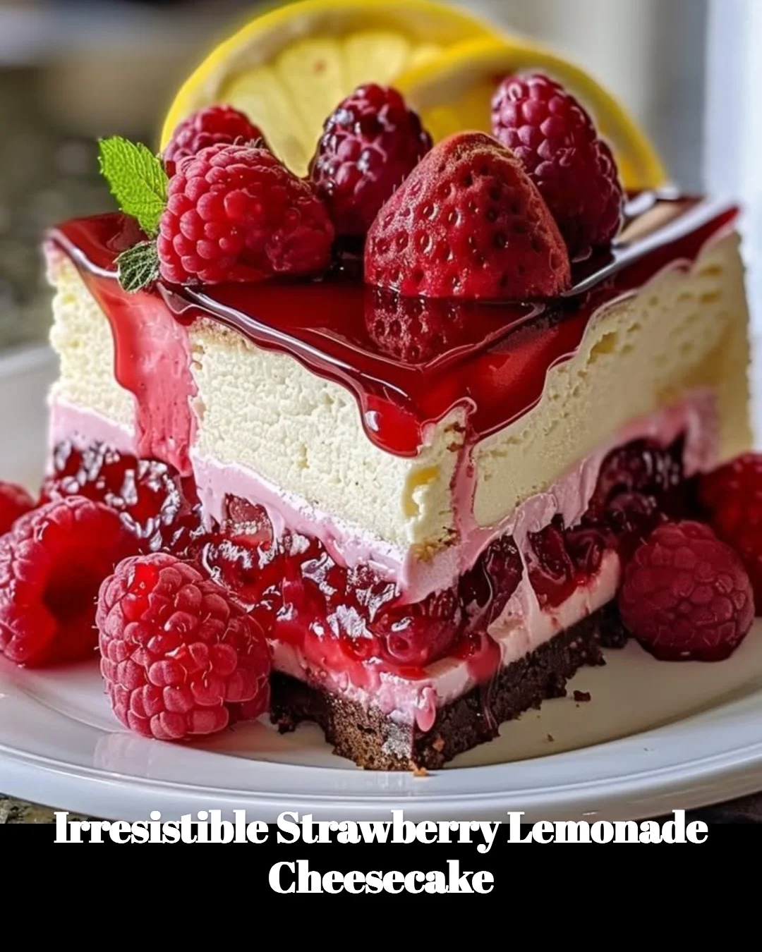 Slice of irresistible strawberry lemonade cheesecake garnished with fresh strawberries
