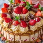 Lavishly decorated strawberries cheesecake with fresh strawberries on top