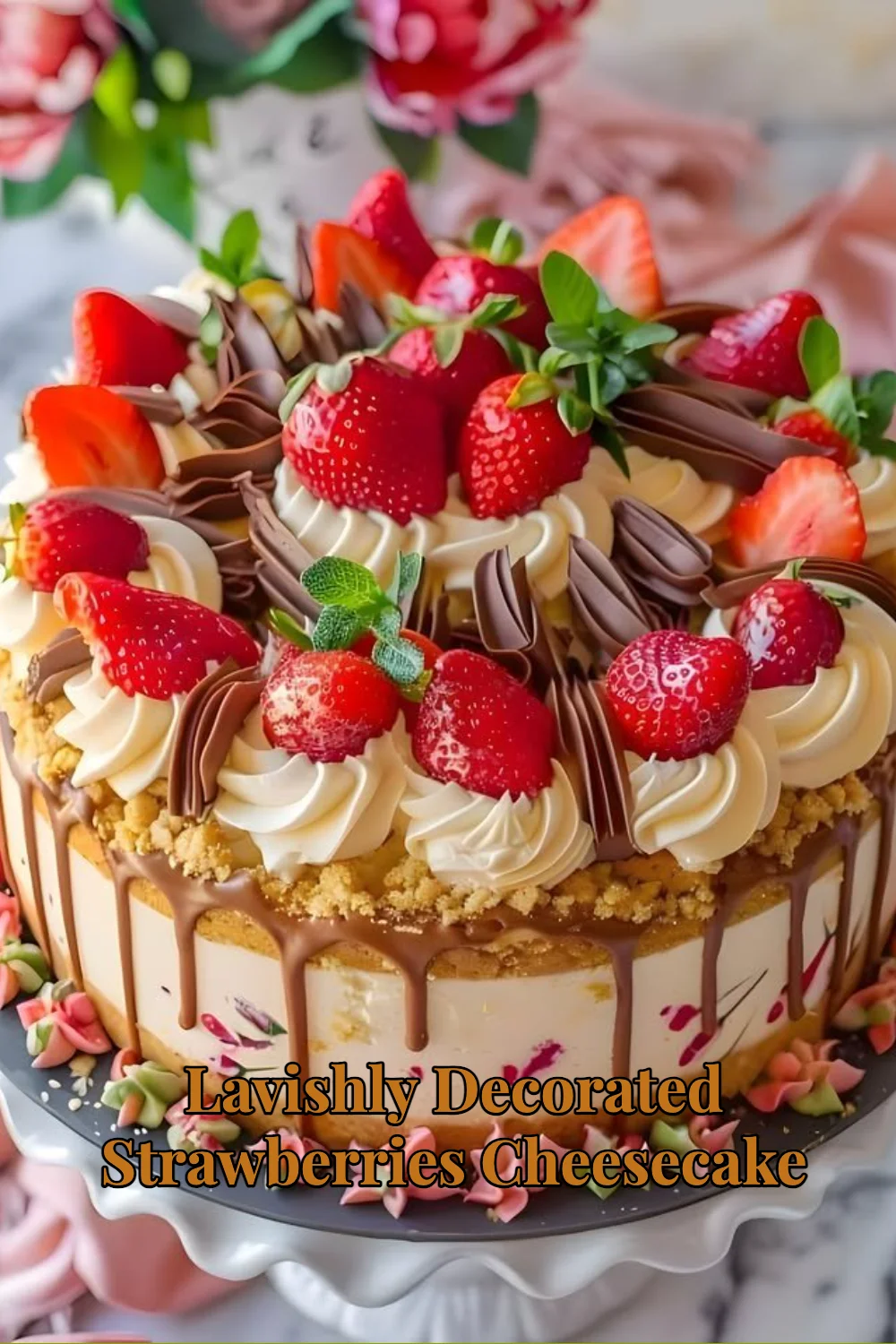 Lavishly decorated strawberries cheesecake with fresh strawberries on top