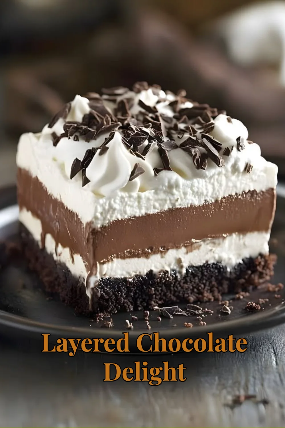 Layered Chocolate Delight dessert with rich chocolate layers and toppings