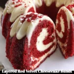 Layered Red Velvet Cheesecake Bundt Cake with cream cheese frosting