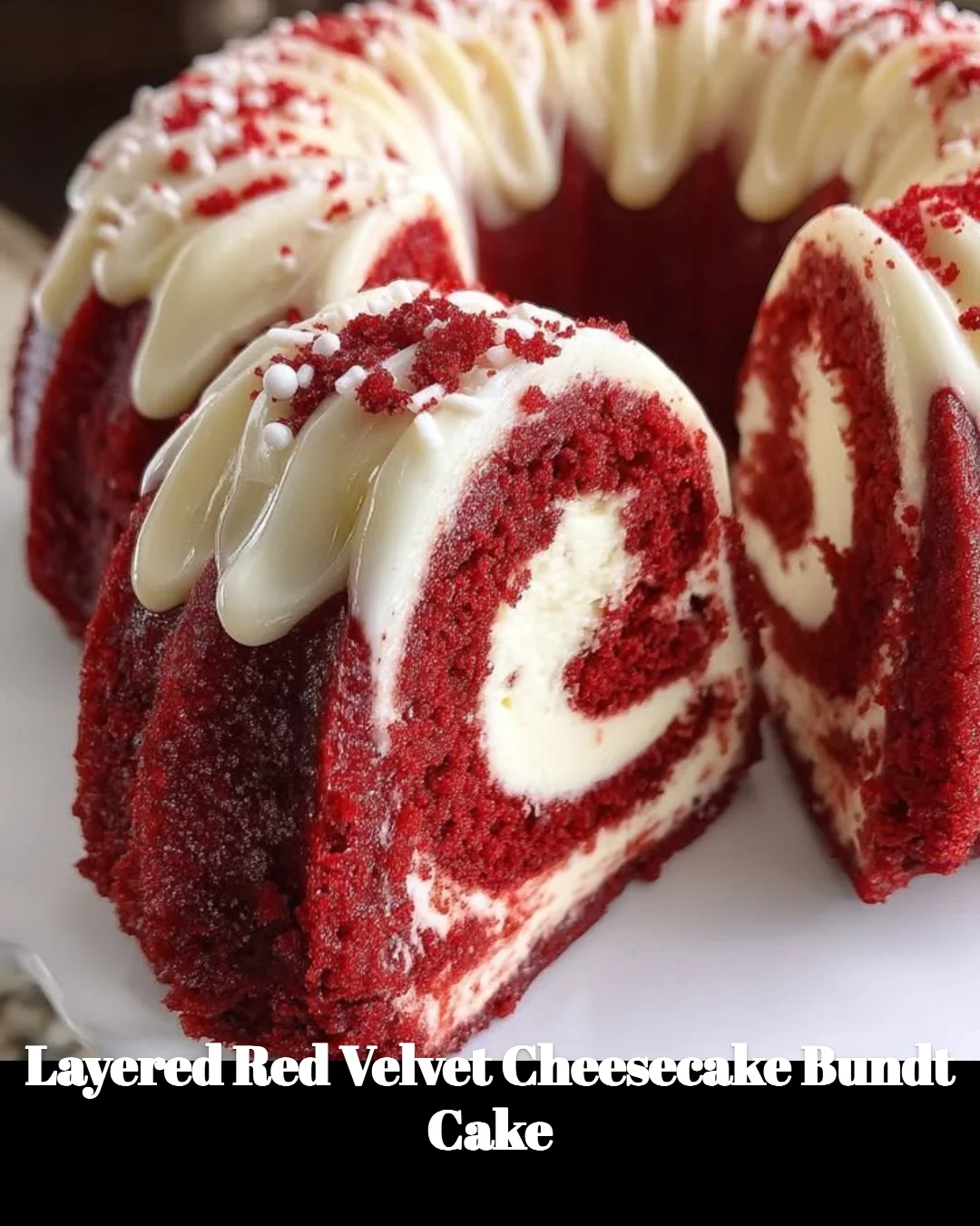 Layered Red Velvet Cheesecake Bundt Cake with cream cheese frosting