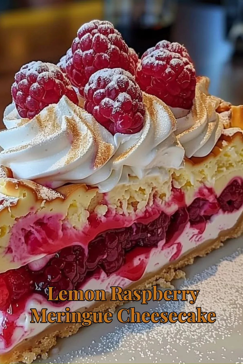 Delicious Lemon Raspberry Meringue Cheesecake slice on a plate
