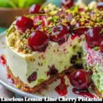 Luscious Lemon-Lime Cherry Pistachio Cheesecake topped with cherries and pistachios