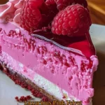 Luxurious Pink Velvet Raspberry Cheesecake Delight with fresh raspberries on top.