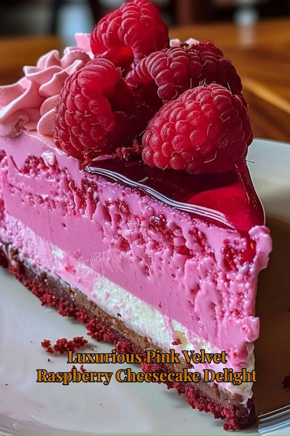 Luxurious Pink Velvet Raspberry Cheesecake Delight with fresh raspberries on top.