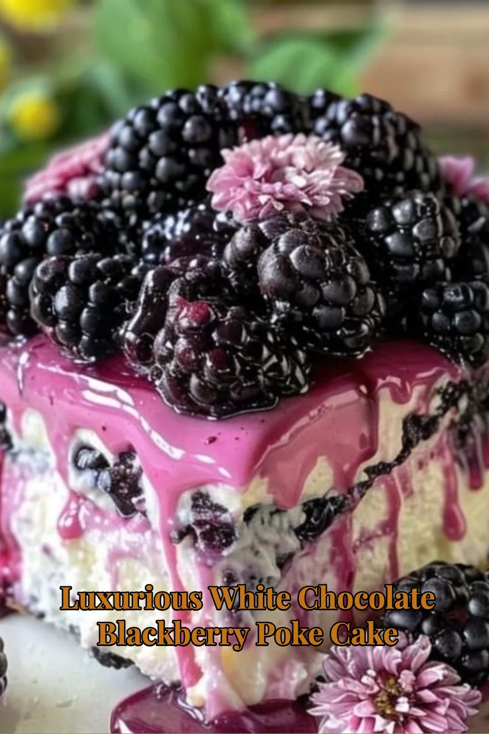 Luxurious white chocolate blackberry poke cake with fresh blackberries and drizzled chocolate