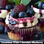 Luxurious white chocolate blueberry cheesecake cupcakes on a dessert platter
