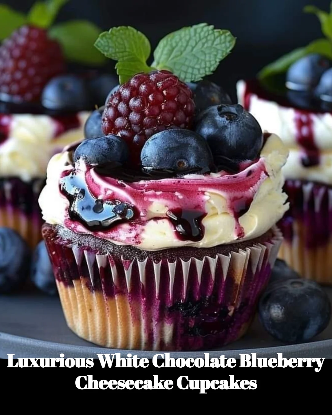 Luxurious white chocolate blueberry cheesecake cupcakes on a dessert platter