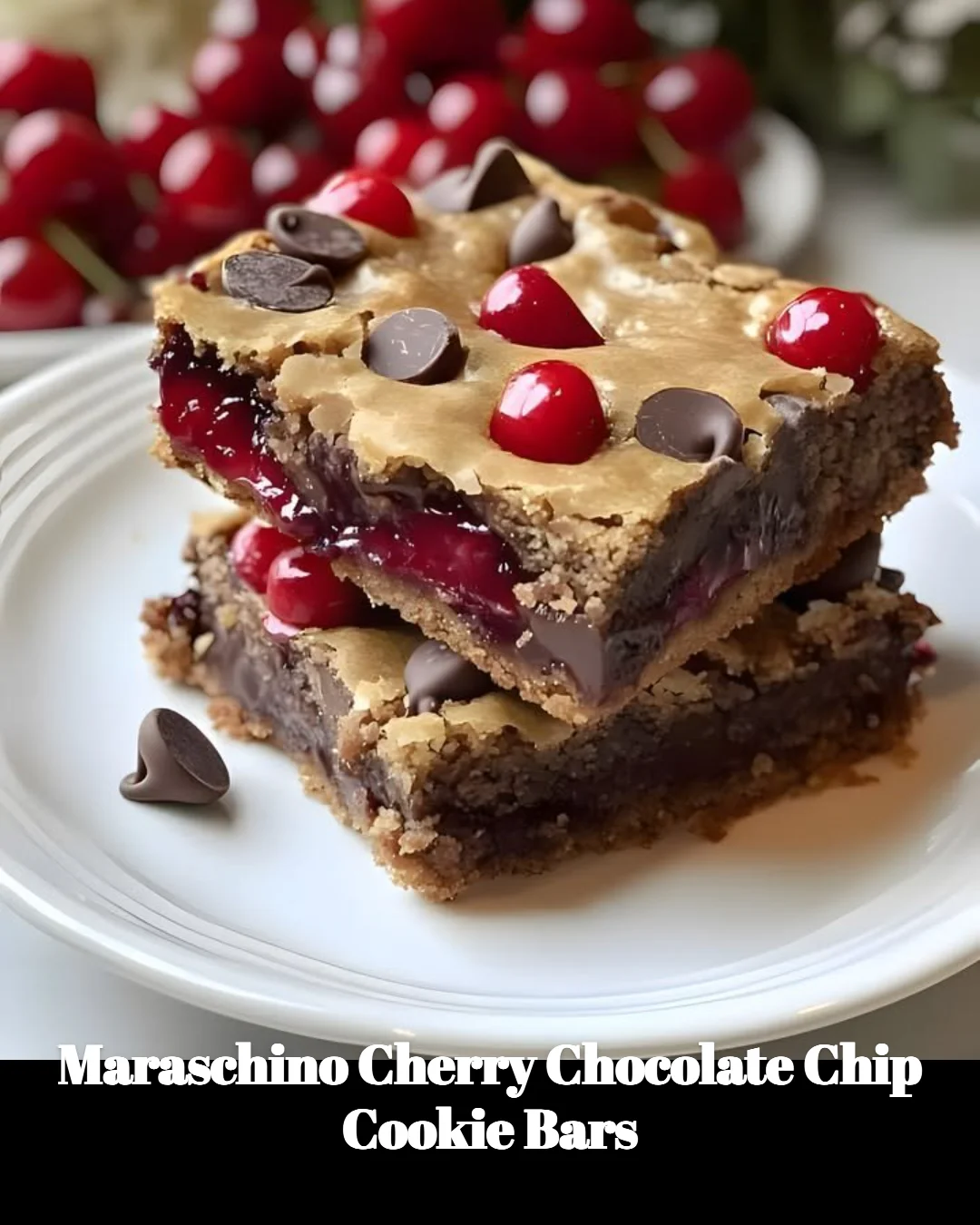 Maraschino cherry chocolate chip cookie bars fresh out of the oven.