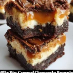 Milky Way Caramel Cheesecake Brownies topped with chocolate and caramel