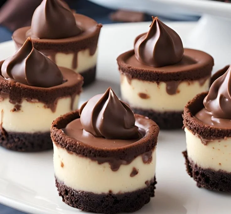 Mini chocolate cheesecake bites ready to serve on a dessert platter
