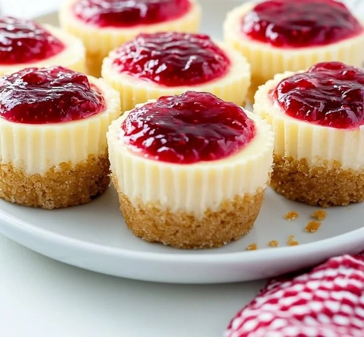 Mini New York Style Cheesecakes served on a plate with strawberry topping