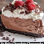 No Bake Chocolate Cheesecake topped with chocolate shavings