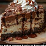 Delicious No-Bake German Chocolate Cheesecake topped with chocolate and coconut