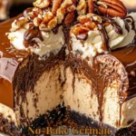 No-Bake German Chocolate Cheesecake topped with coconut and pecans