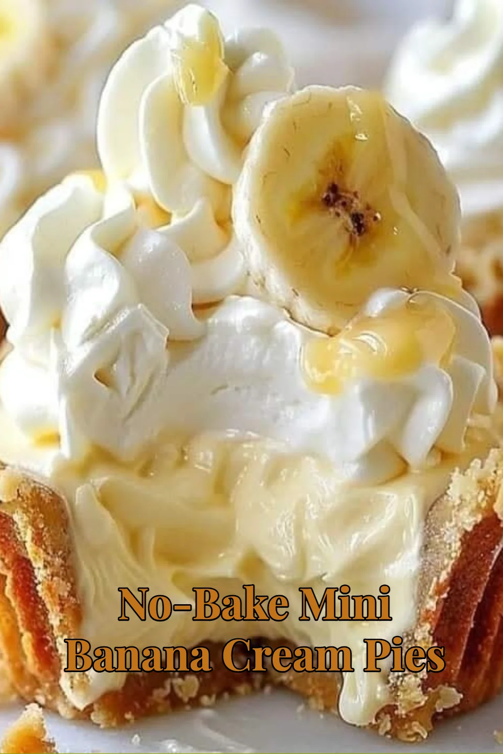 Delicious no-bake mini banana cream pies topped with whipped cream and banana slices