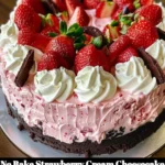 No Bake Strawberry Cream Cheesecake topped with fresh strawberries and whipped cream.