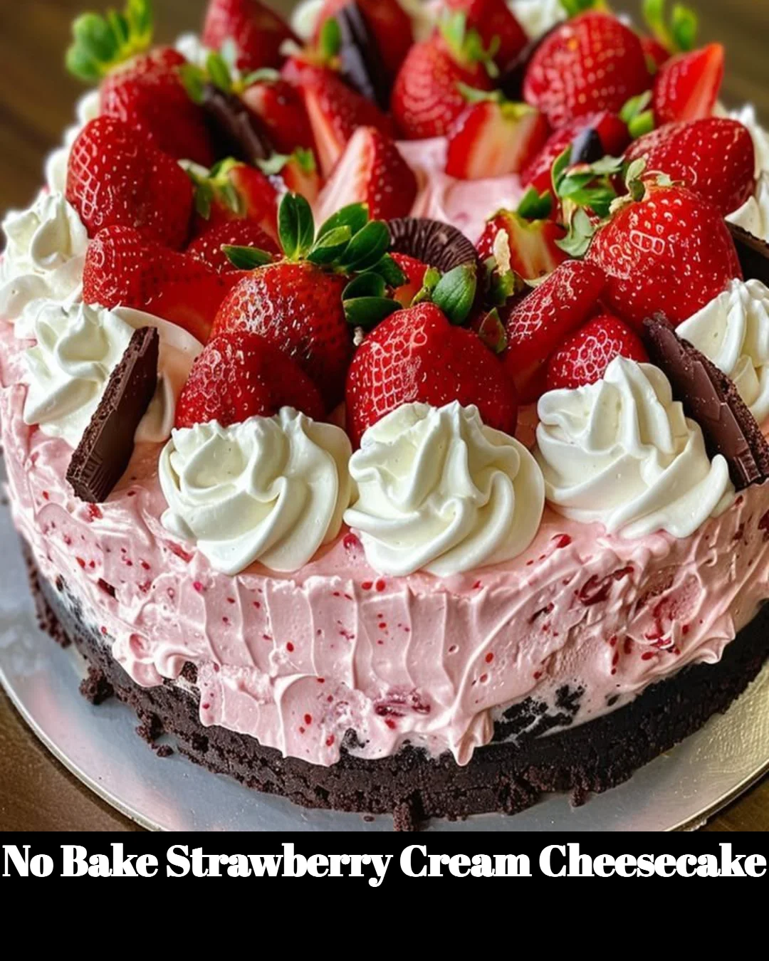 No Bake Strawberry Cream Cheesecake topped with fresh strawberries and whipped cream.
