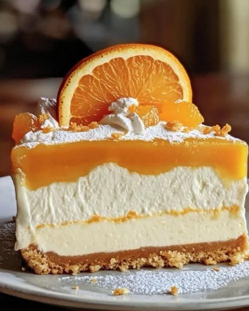 Slice of delicious Orange Cream Cheesecake topped with orange zest