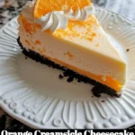 Slice of orange creamsicle cheesecake on a plate with a garnish.