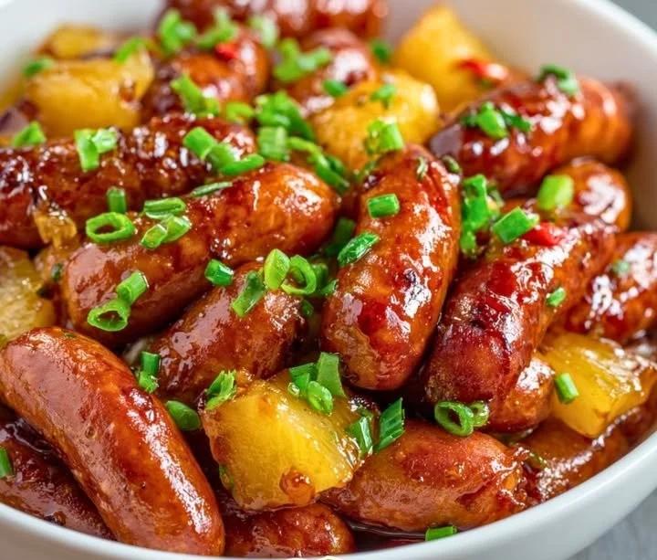 Delicious Pineapple Brown Sugar Little Smokies served as a savory appetizer