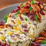 Pineapple Cranberry Holiday Cheese Log served on a festive platter