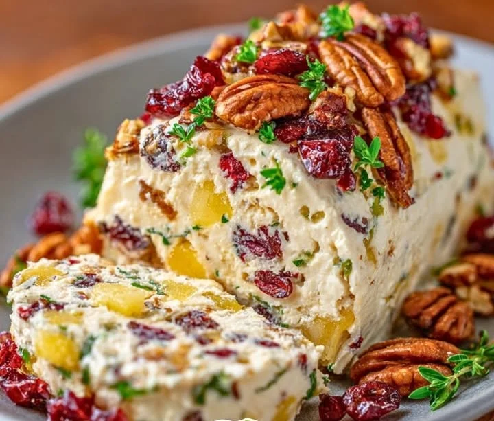 Pineapple Cranberry Holiday Cheese Log served on a festive platter