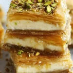 Delicious Pistachio Baklava Cheesecake Bars dessert with layers of cheesecake and baklava