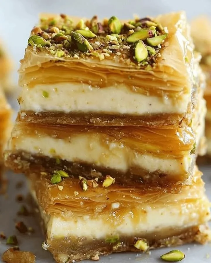 Delicious Pistachio Baklava Cheesecake Bars dessert with layers of cheesecake and baklava