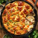 Delicious puff pastry chicken pot pie with vegetables and golden flaky crust