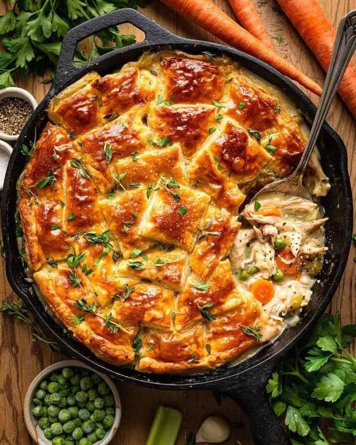 Delicious puff pastry chicken pot pie with vegetables and golden flaky crust