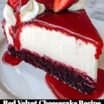 Slice of delicious Red Velvet Cheesecake topped with cream cheese frosting