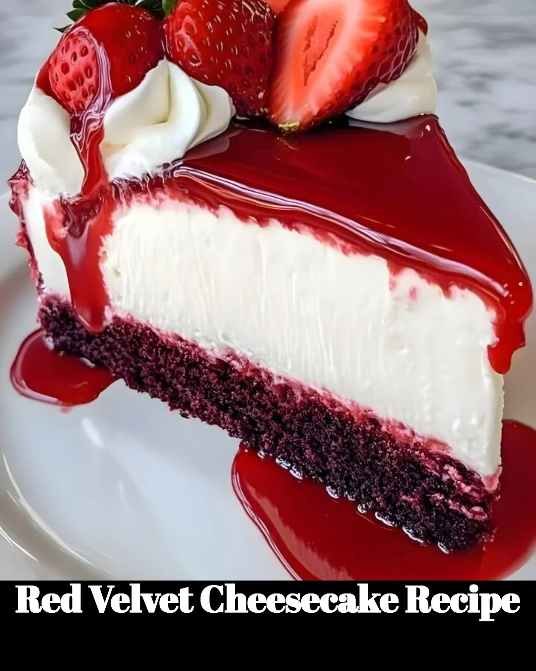 Slice of delicious Red Velvet Cheesecake topped with cream cheese frosting