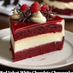 Delicious slice of Red Velvet White Chocolate Cheesecake with creamy topping