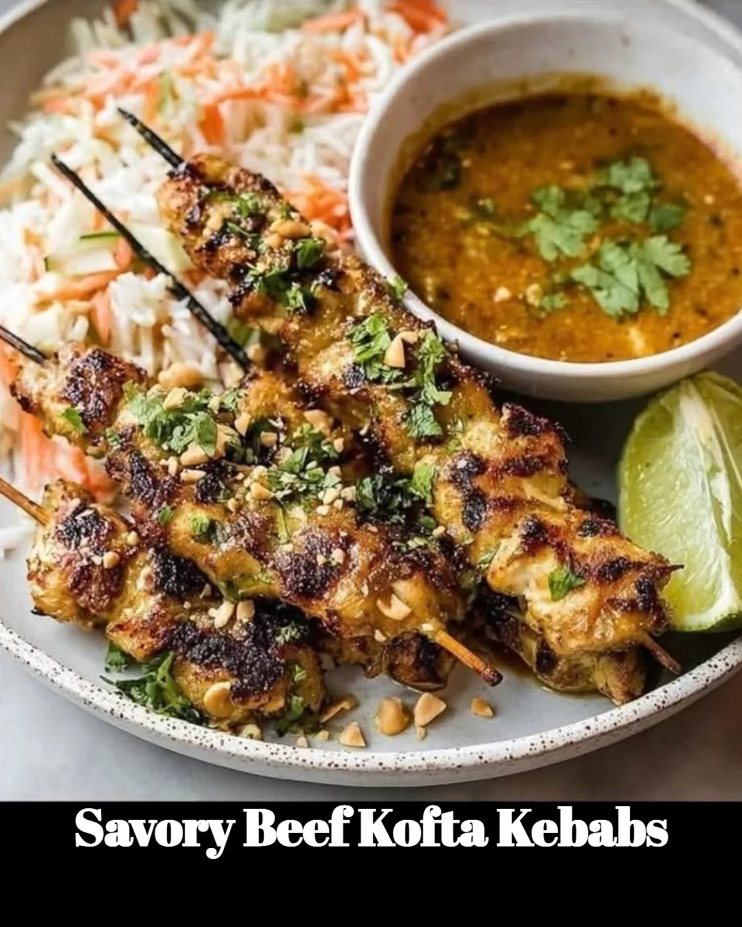 Savory beef kofta kebabs served on a platter with herbs and dipping sauce