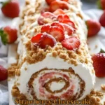 Strawberry Cheesecake Crunch Roll Cake with fresh strawberries and whipped cream
