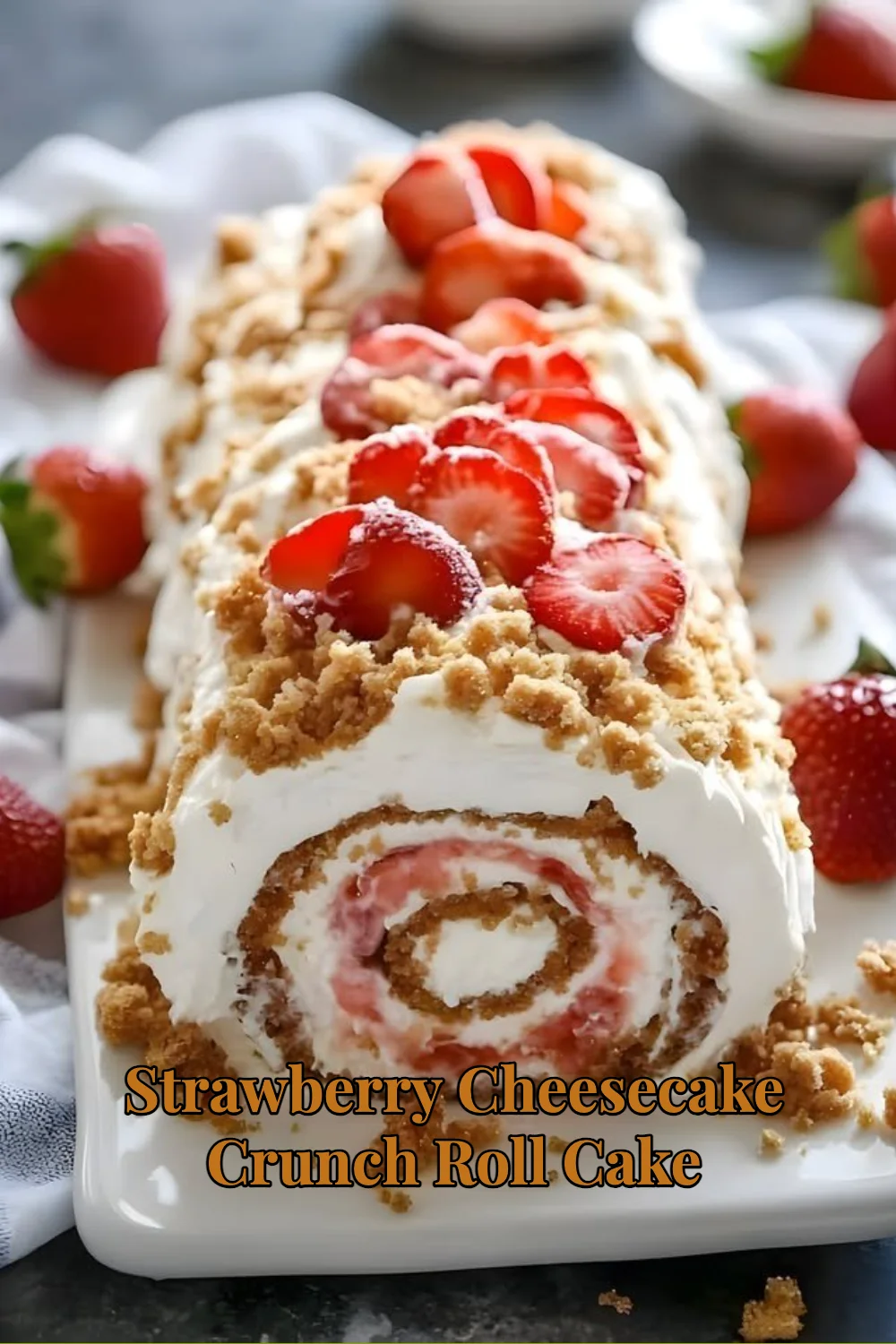 Strawberry Cheesecake Crunch Roll Cake with fresh strawberries and whipped cream