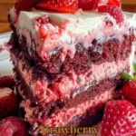 Delicious Strawberry Earthquake Cake topped with fresh strawberries and chocolate drizzle.