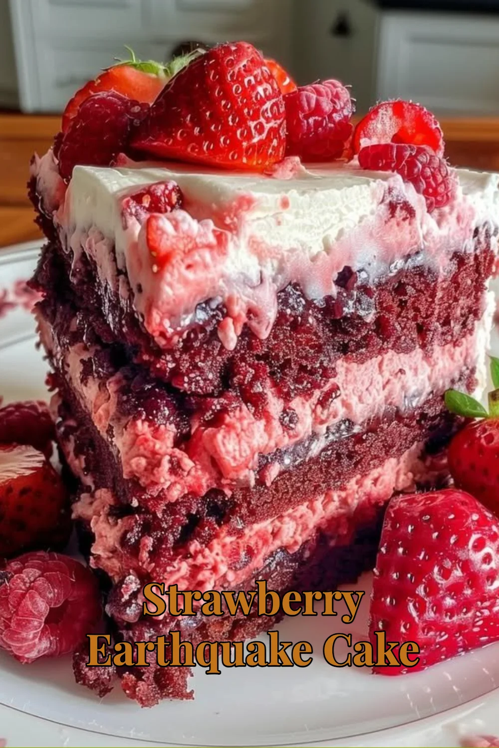 Delicious Strawberry Earthquake Cake topped with fresh strawberries and chocolate drizzle.