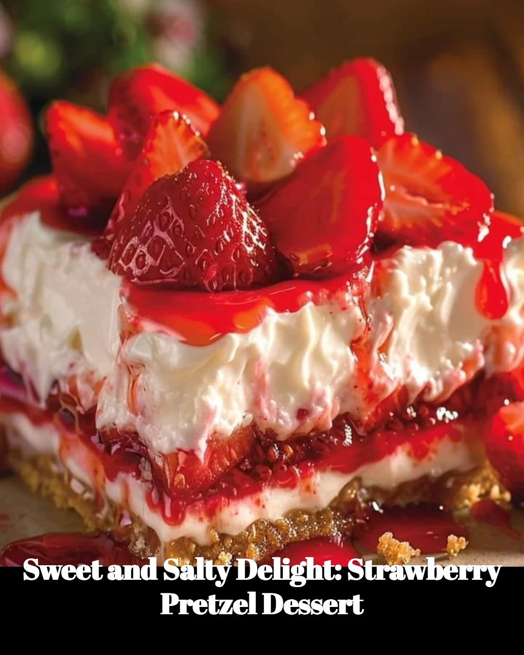 Delicious strawberry pretzel dessert with creamy topping and crust