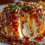 Sweet and spicy pepper jelly cheeseball served on a platter
