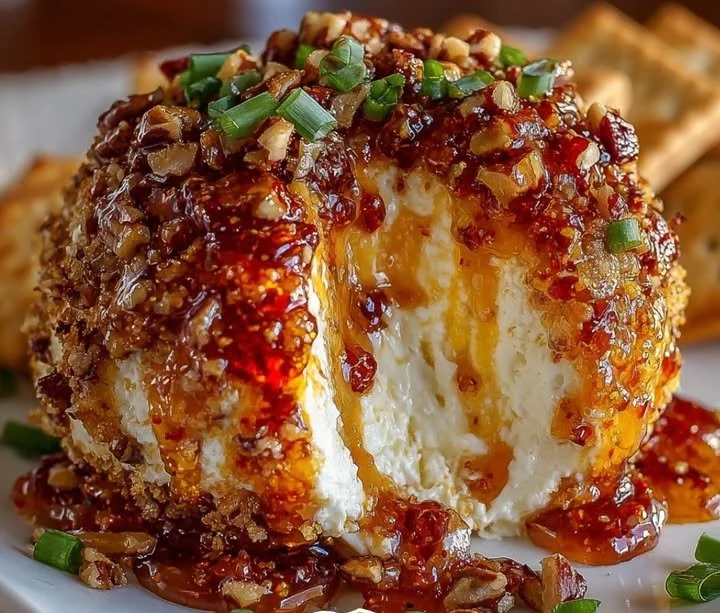 Sweet and spicy pepper jelly cheeseball served on a platter