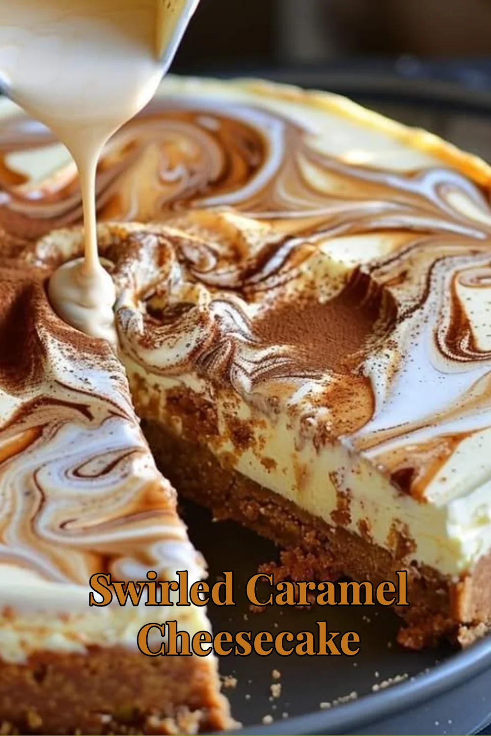 Delicious swirled caramel cheesecake slice topped with caramel drizzle