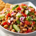 Bowl of Texas Caviar with black-eyed peas and fresh vegetables