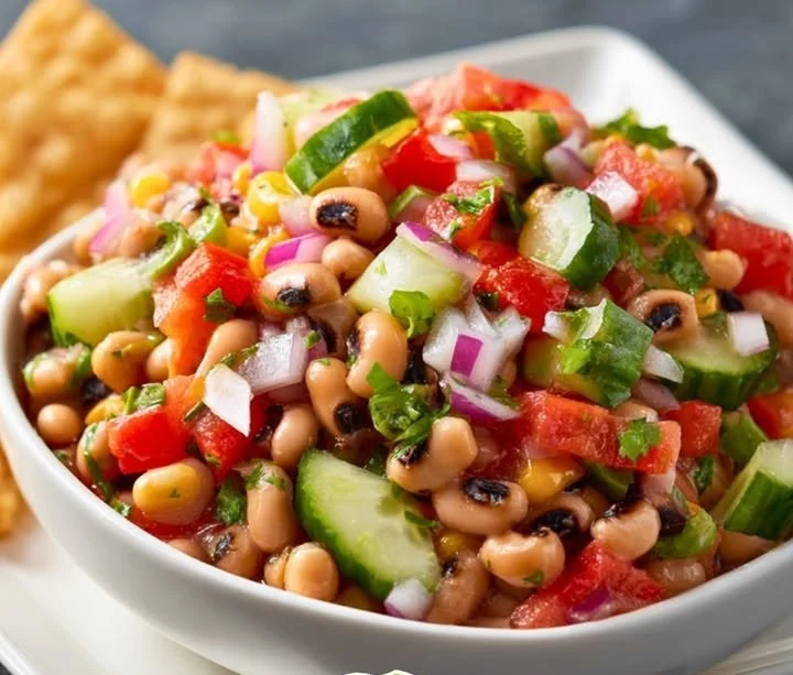 Bowl of Texas Caviar with black-eyed peas and fresh vegetables
