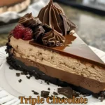 Delicious triple chocolate cheesecake topped with chocolate shavings.